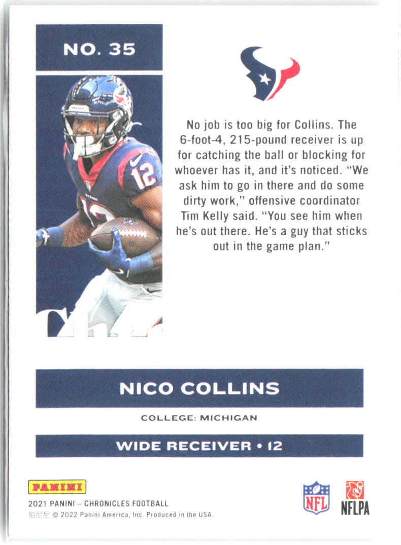 Nico Collins Panini Chronicles 35 2021 Houston Texans RC