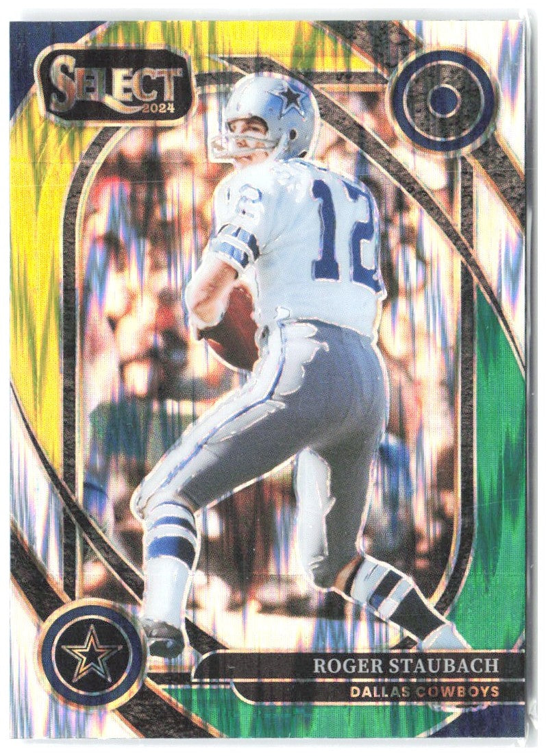 Roger Staubach Panini Select Green & Yellow Prizm Shock 290 2024 Dallas Cowboys