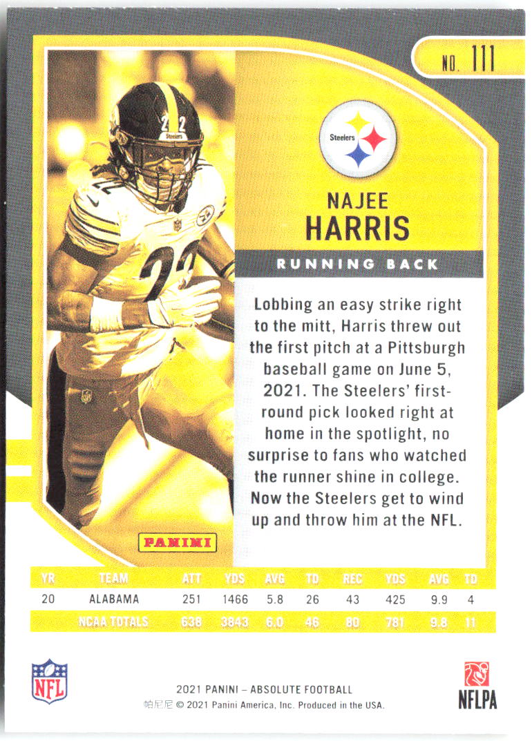 Najee Harris Panini Absolute - Retail 111 2021 Pittsburgh Steelers RC
