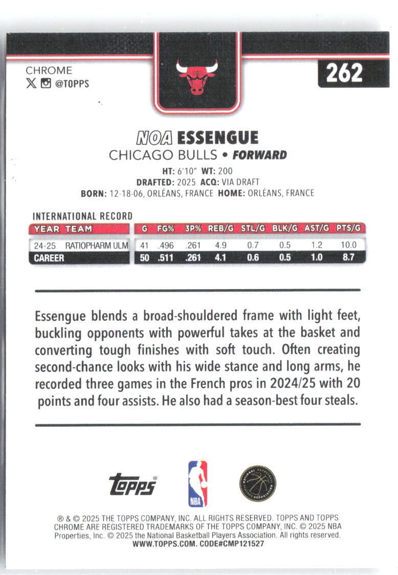 Noa Essengue Topps Chrome - Refractor 262 2025-26 Chicago Bulls