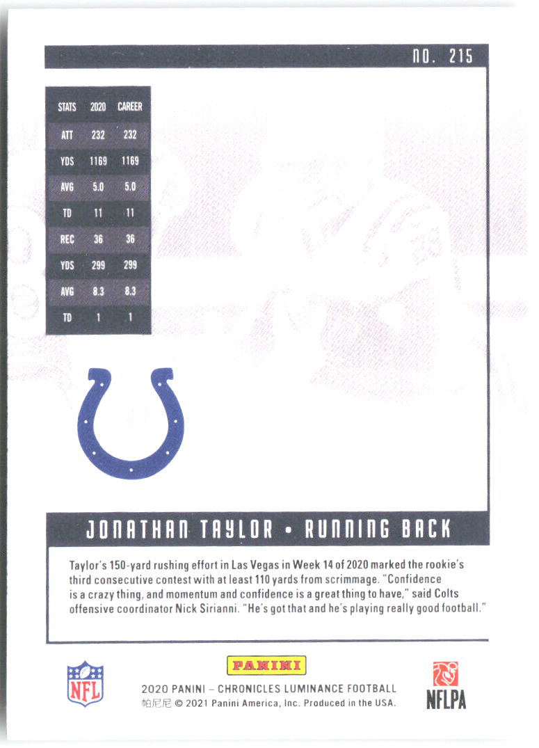 Jonathan Taylor Chronicles Luminance Update Rookies 215 2020 Indianapolis Colts