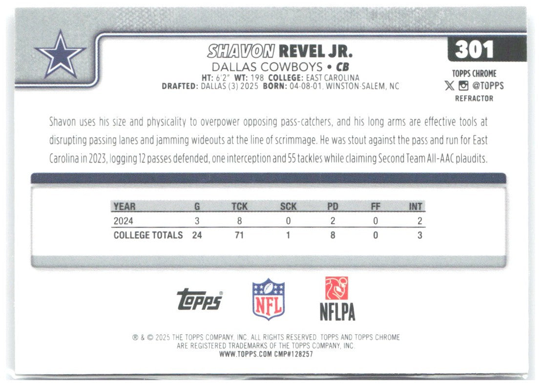 Shavon Revel Jr. Topps Chrome - Refractor 301 2025 Dallas Cowboys