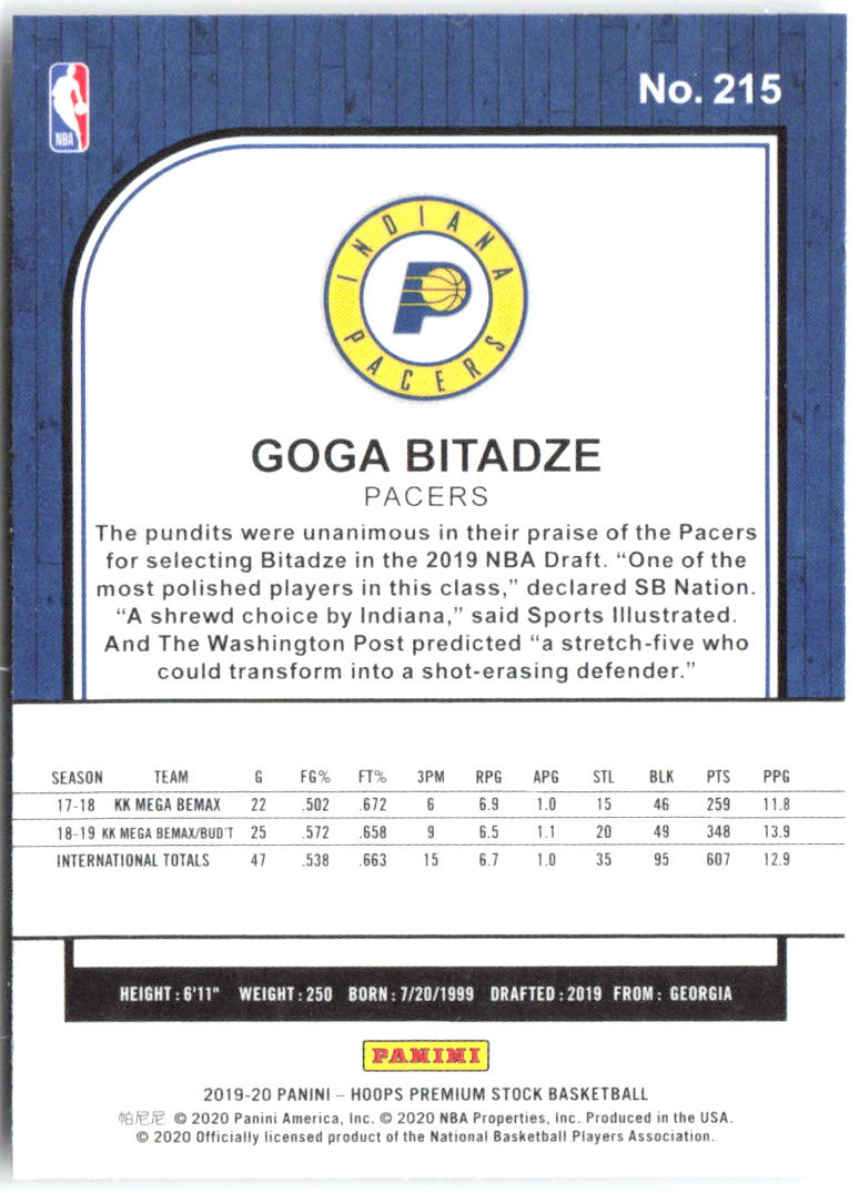 Goga Bitadze Hoops Premium Stock 215 2019-20 Indiana Pacers RC
