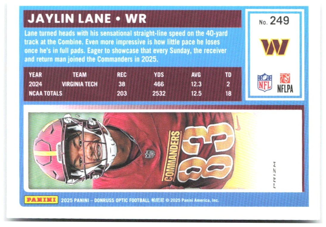 Jaylin Lane Donruss Optic - Holo 249 2025 Washington Commanders
