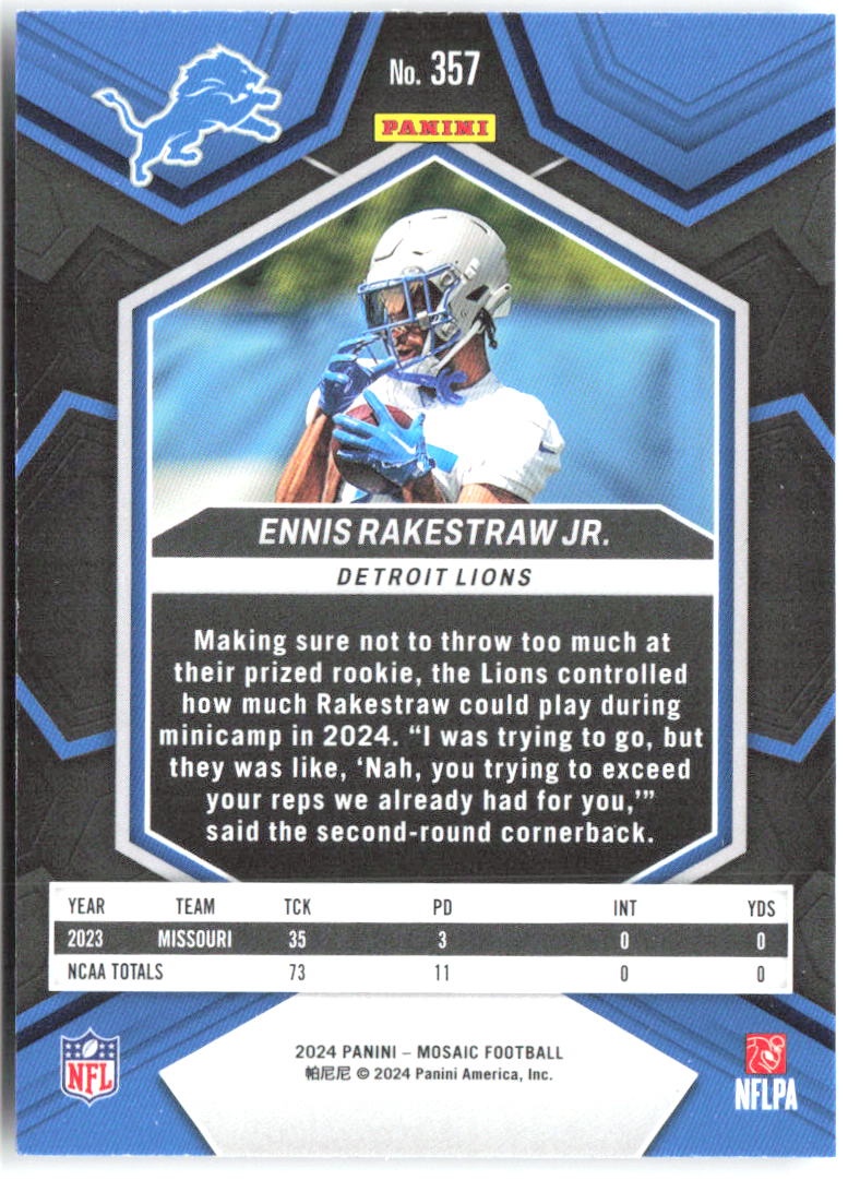 Ennis Rakestraw Jr. Panini Mosaic 357 2024 Detroit Lions RC
