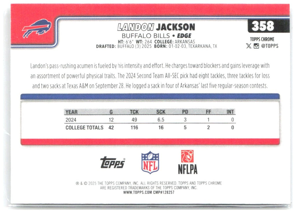 Landon Jackson Topps Chrome 358 2025 Buffalo Bills RC