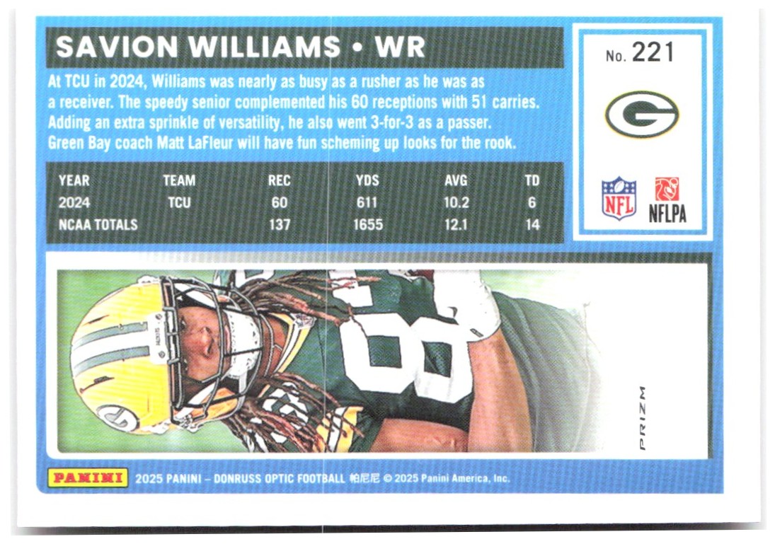 Savion Williams Donruss Optic - Pink 221 2025 Green Bay Packers