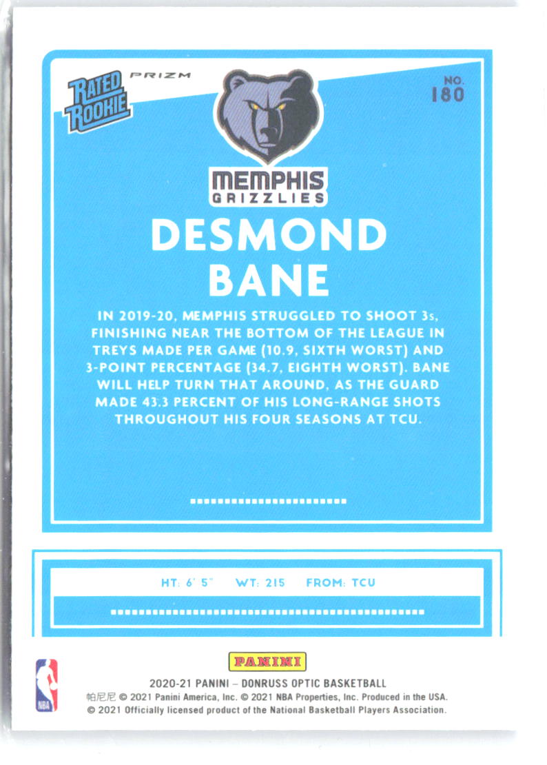 Desmond Bane Donruss Optic - Blue Velocity 180 2020-21 Memphis Grizzlies