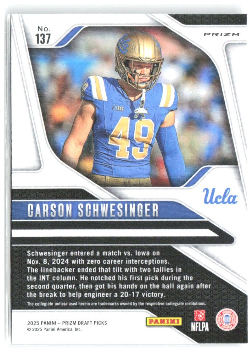 Carson Schwesinger Panini Prizm Draft Picks - Prizms Silver 137 2025 UCLA Bruins