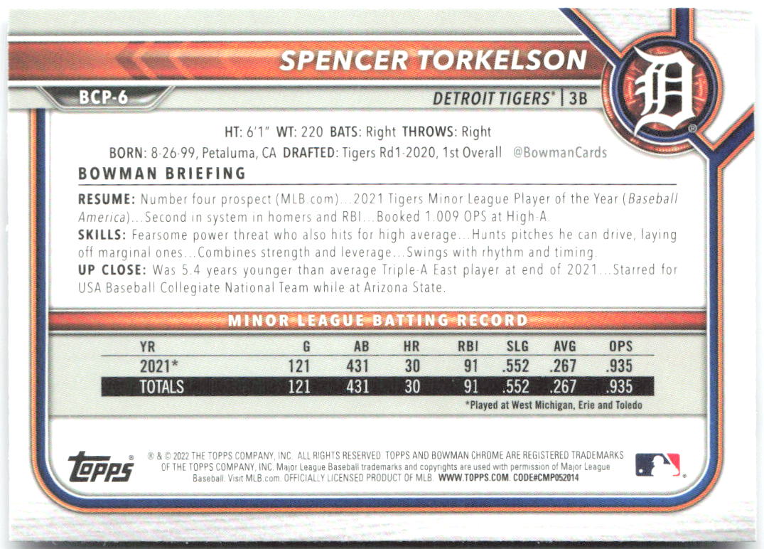 Spencer Torkelson Bowman - Chrome Prospects Mojo Refractors BCP-6 2022 Tigers