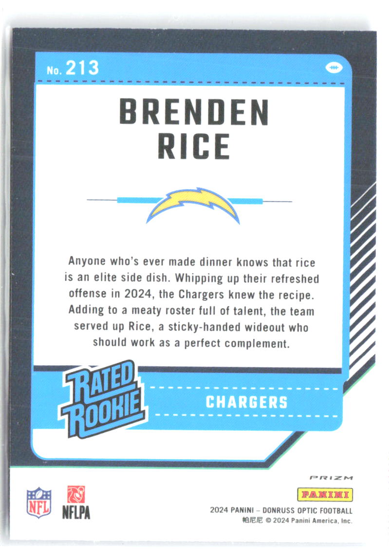 Brenden Rice Donruss Optic - Blue Glitter 213 2024 Los Angeles Chargers
