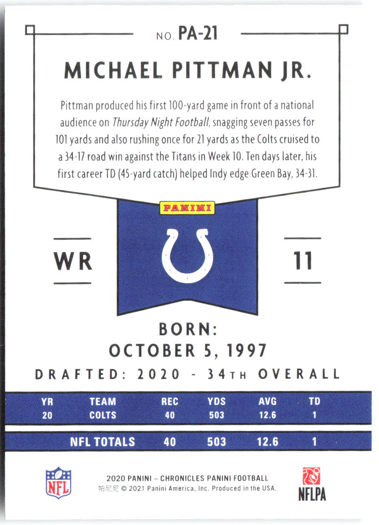 Michael Pittman Jr. Panini Chronicles - Panini PA-21 2020 Indianapolis Colts