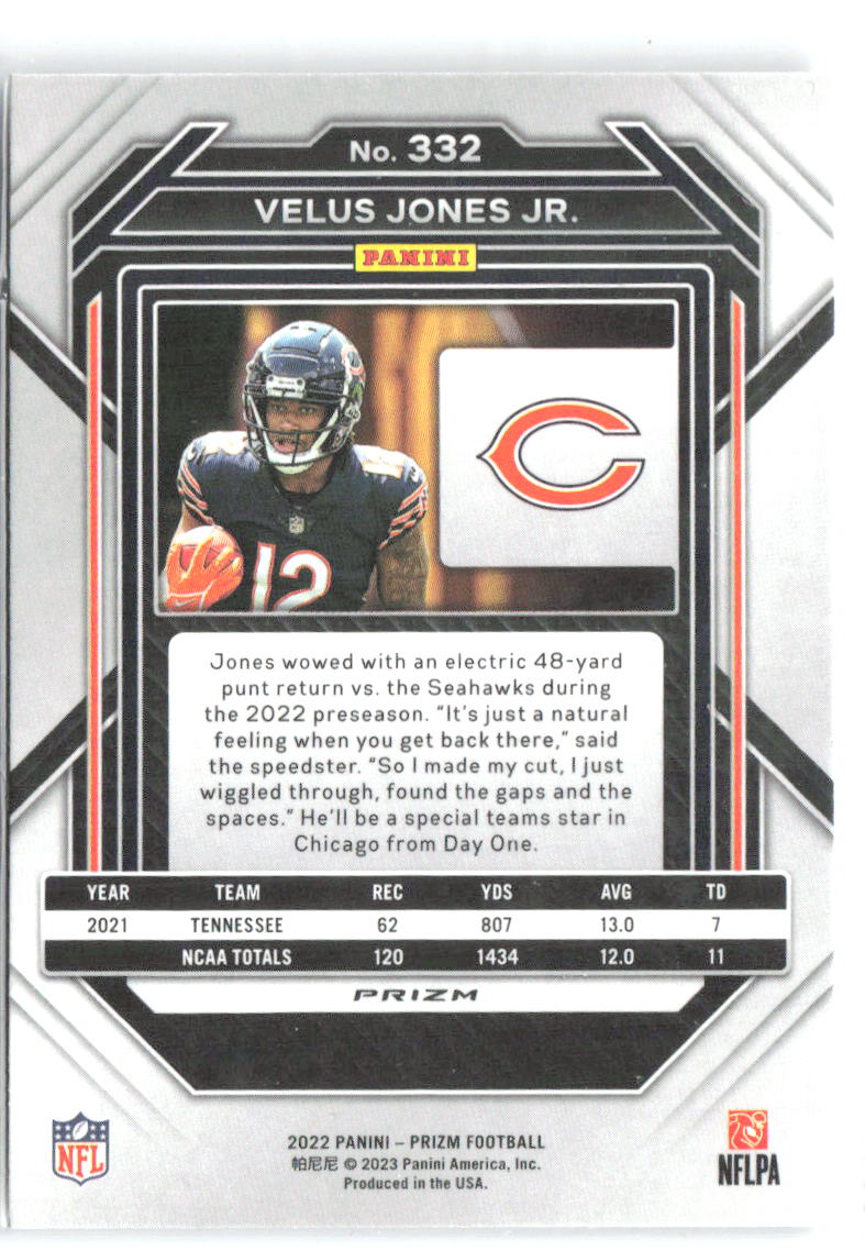 Velus Jones Jr. Panini Prizm - Silver 332 2022 Chicago Bears