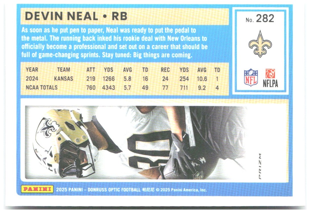 Devin Neal Donruss Optic - Holo 282 2025 New Orleans Saints