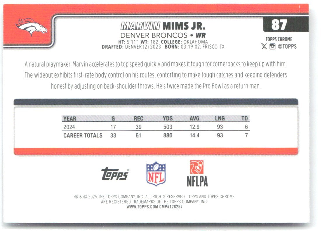 Marvin Mims Jr. Topps Chrome - X-Fractor 87 2025 Denver Broncos