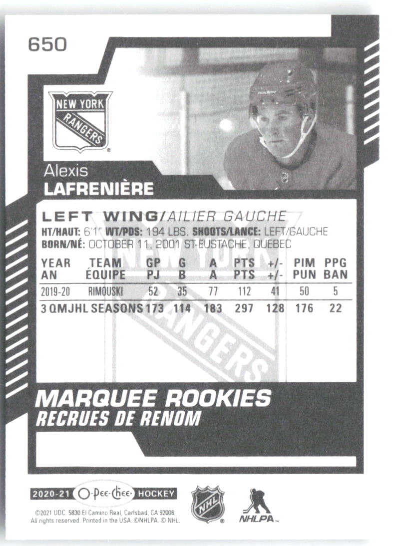 Alexis Lafreniere Upper Deck - 2020-21 O-Pee-Chee Update 650 2020-21 New York Rangers RC