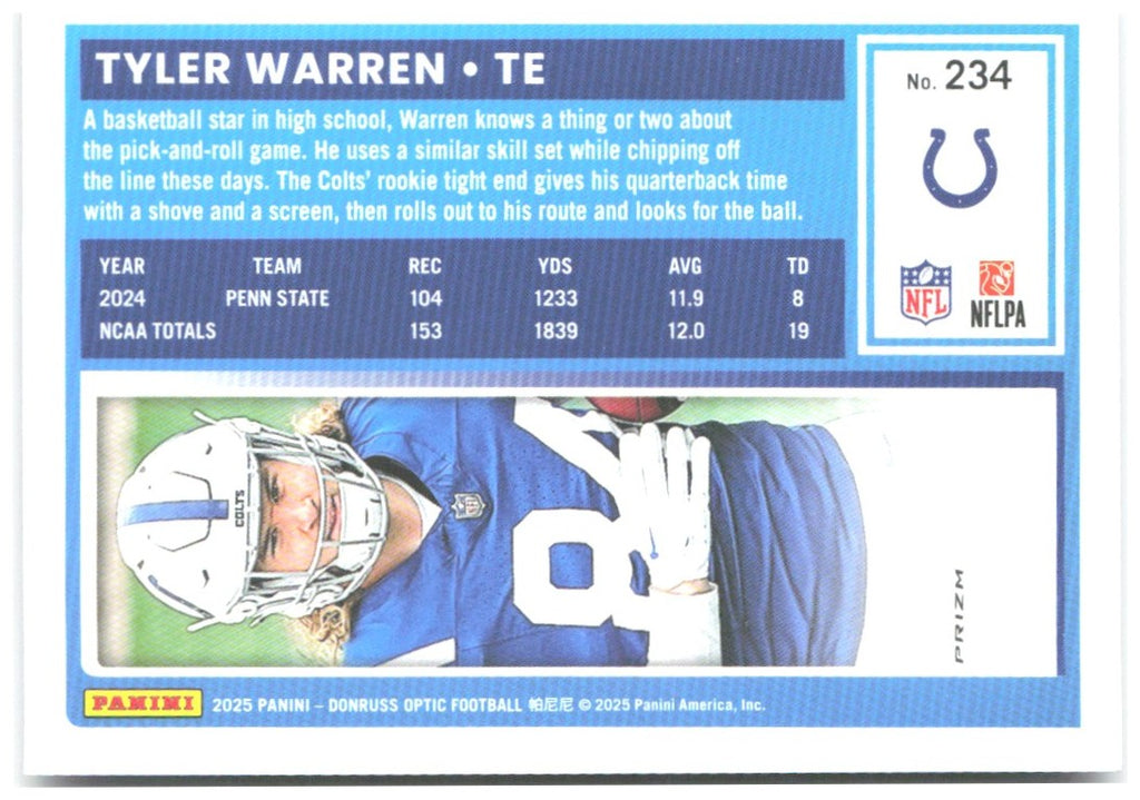 Tyler Warren Donruss Optic - Purple Shock 234 2025 Indianapolis Colts