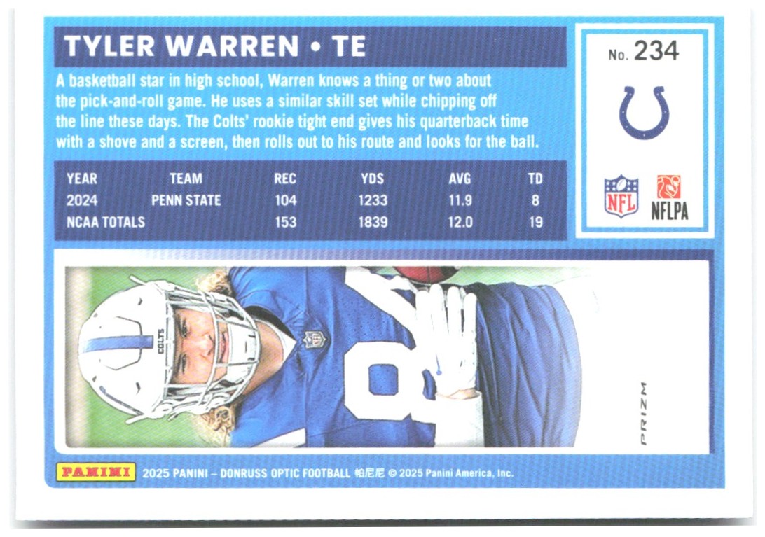 Tyler Warren Donruss Optic - Purple Shock 234 2025 Indianapolis Colts