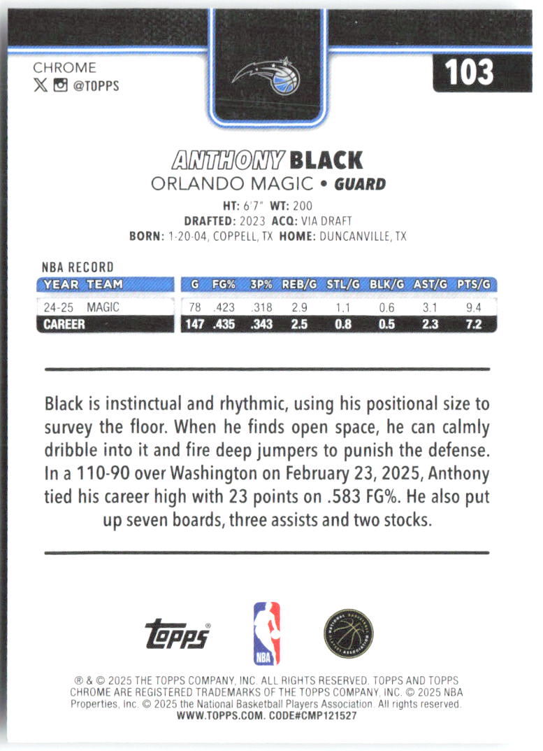Anthony Black Topps Chrome 103 2025-26 Orlando Magic
