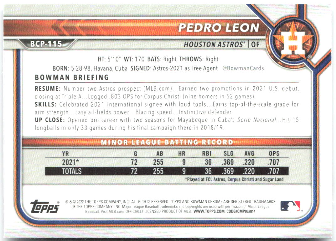 Pedro Leon Bowman - Chrome Prospects Mojo Refractors BCP-115 2022 Houston Astros