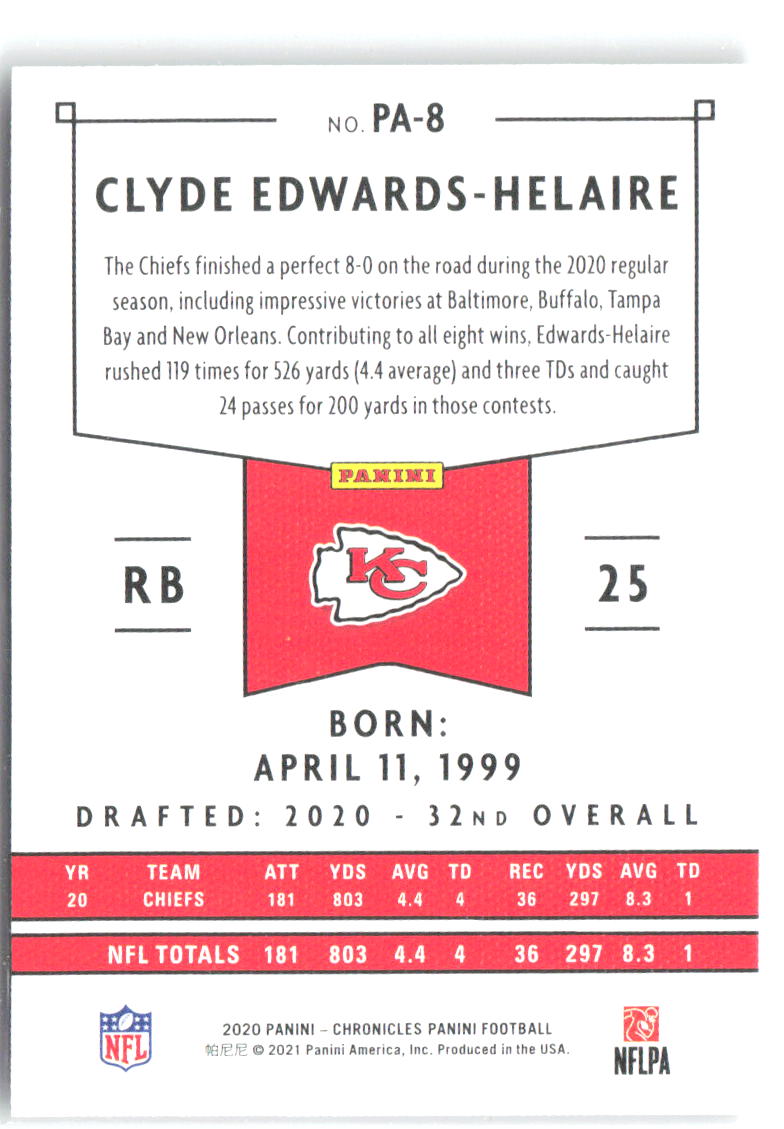 Clyde Edwards-Helaire Panini Chronicles - Panini PA-8 2020 Kansas City Chiefs