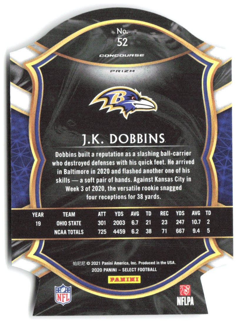 J.K. Dobbins Panini Select - Purple Prizm Die Cut 52 2020 Baltimore Ravens