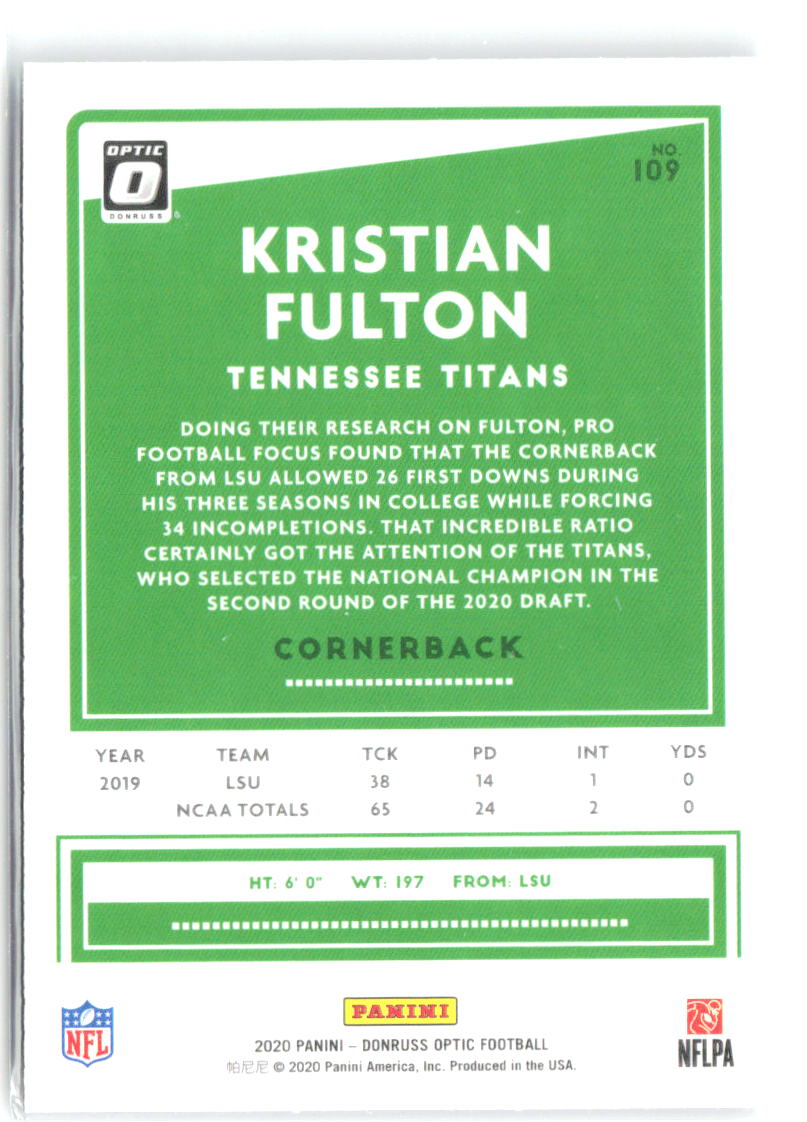 Kristian Fulton Donruss Optic 109 2020 Tennessee Titans RC