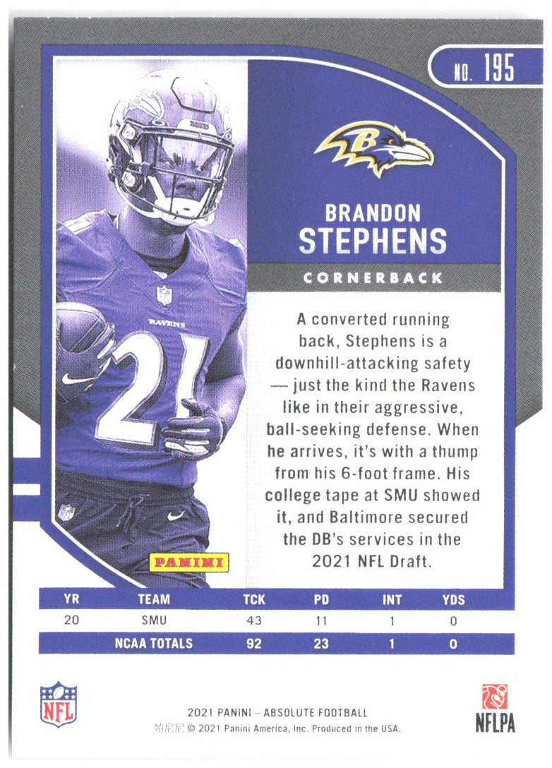 Brandon Stephens Panini Absolute - Retail 195 2021 Baltimore Ravens RC