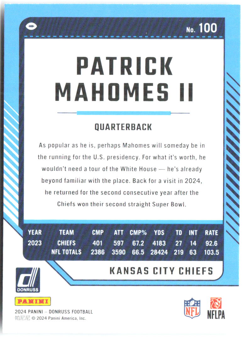 Patrick Mahomes II Base Donruss 100 NM