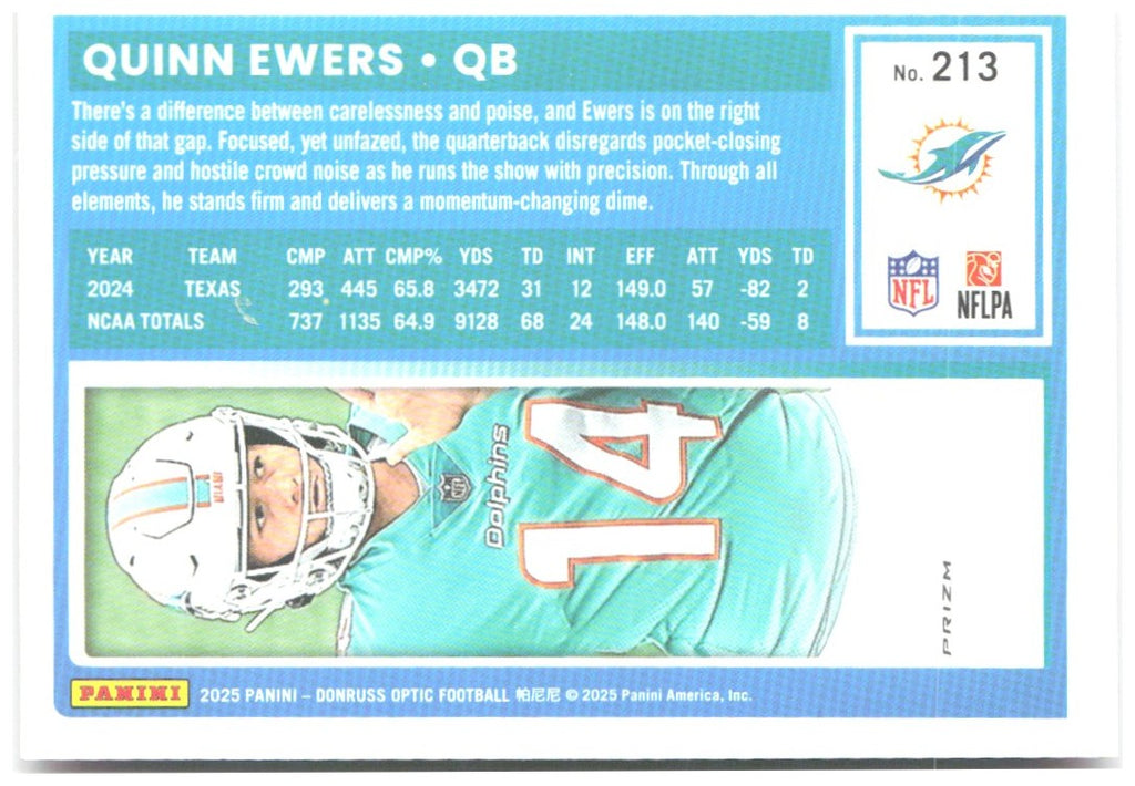 Quinn Ewers Donruss Optic - Pink 213 2025 Miami Dolphins