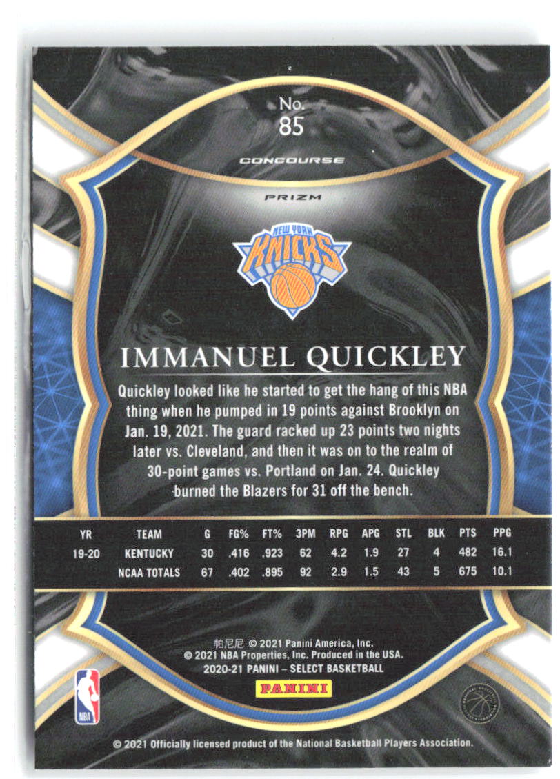Immanuel Quickley Panini Select - Silver Prizms 85 2020-21 New York Knicks