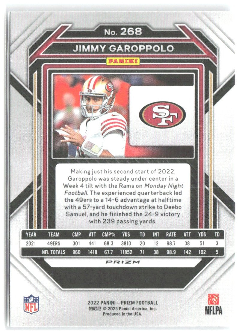 Jimmy Garoppolo Panini Prizm - Silver 268 2022 San Francisco 49ers