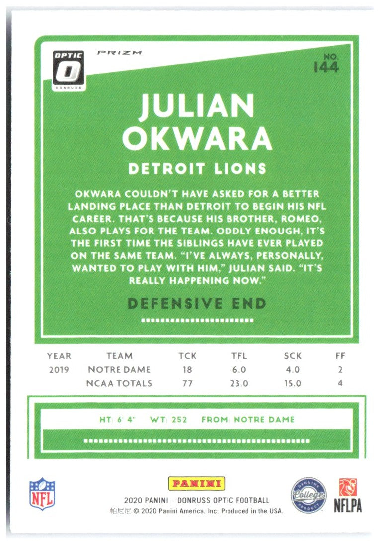 Julian Okwara Donruss Optic - Blue Hyper 144 2020 Detroit Lions