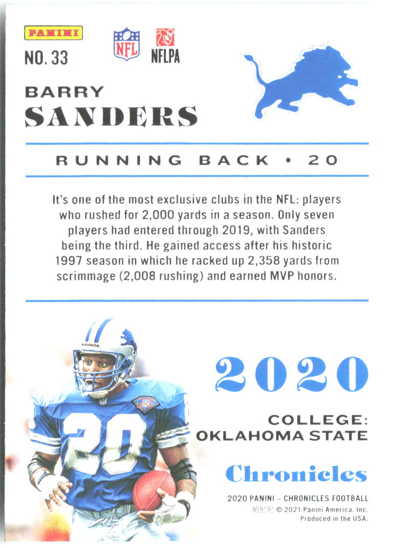 Barry Sanders Panini Chronicles 33 2020 Detroit Lions