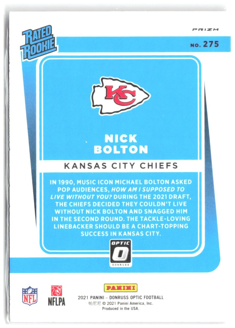 Nick Bolton Donruss Optic - Pink 275 2021 Kansas City Chiefs