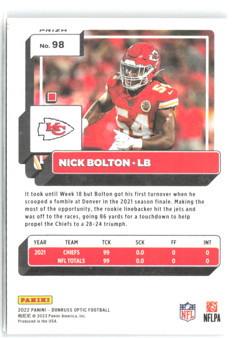 Nick Bolton Donruss Optic - Holo 98 2022 Kansas City Chiefs