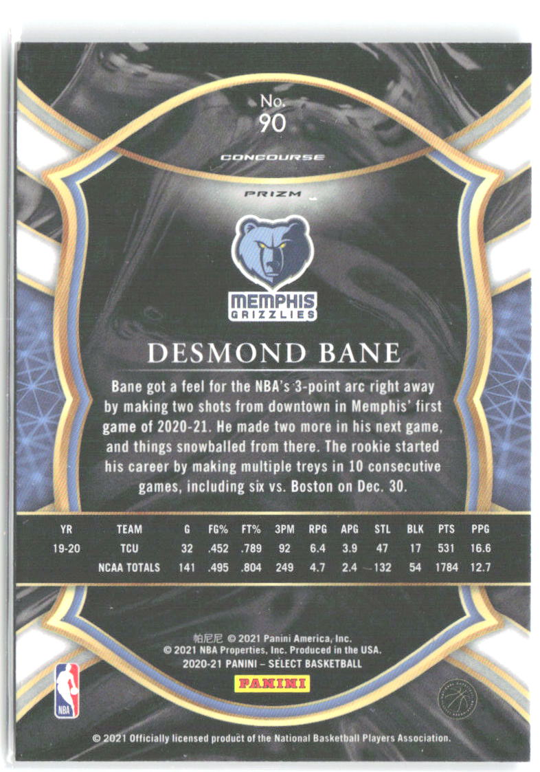 Desmond Bane Panini Select - Blue Prizms 90 2020-21 Memphis Grizzlies