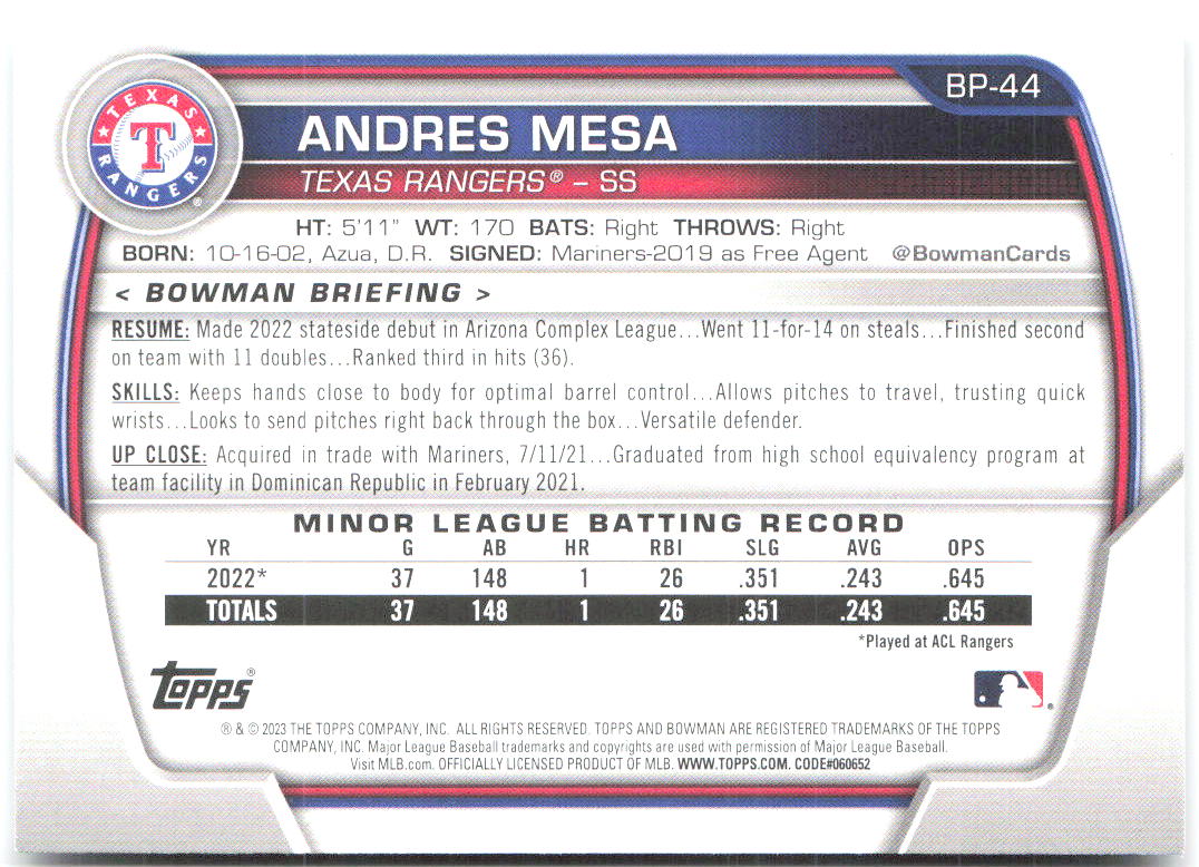 Andres Mesa Bowman Sapphire Edition BCP-44 2023 Texas Rangers