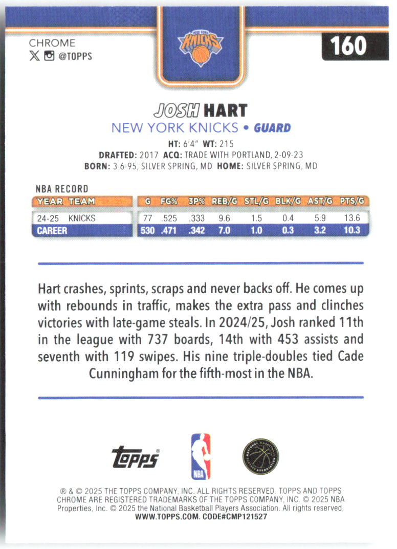 Josh Hart Topps Chrome 160 2025-26 New York Knicks