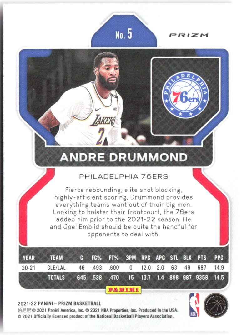 Andre Drummond Panini Prizm - Pink Ice 5 2021-22 Philadelphia 76ers