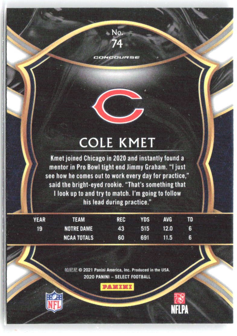 Cole Kmet Panini Select 74 2020 Chicago Bears RC