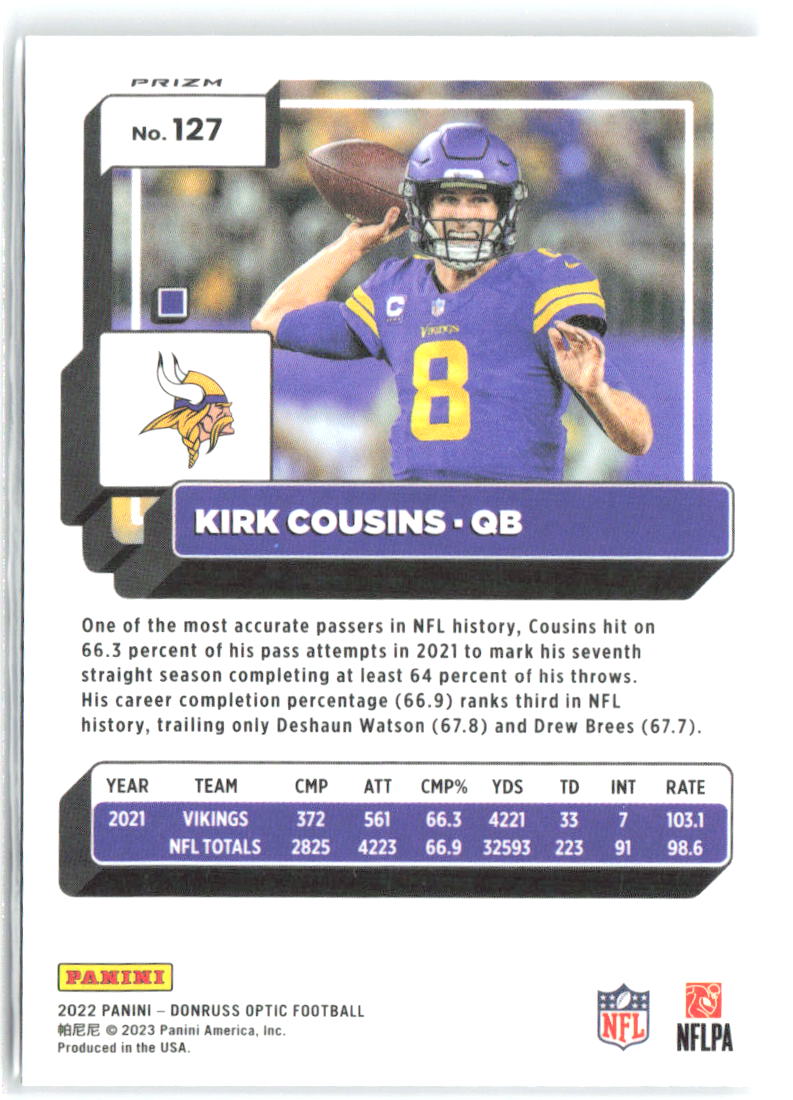 Kirk Cousins Donruss Optic - Holo 127 2022 Minnesota Vikings