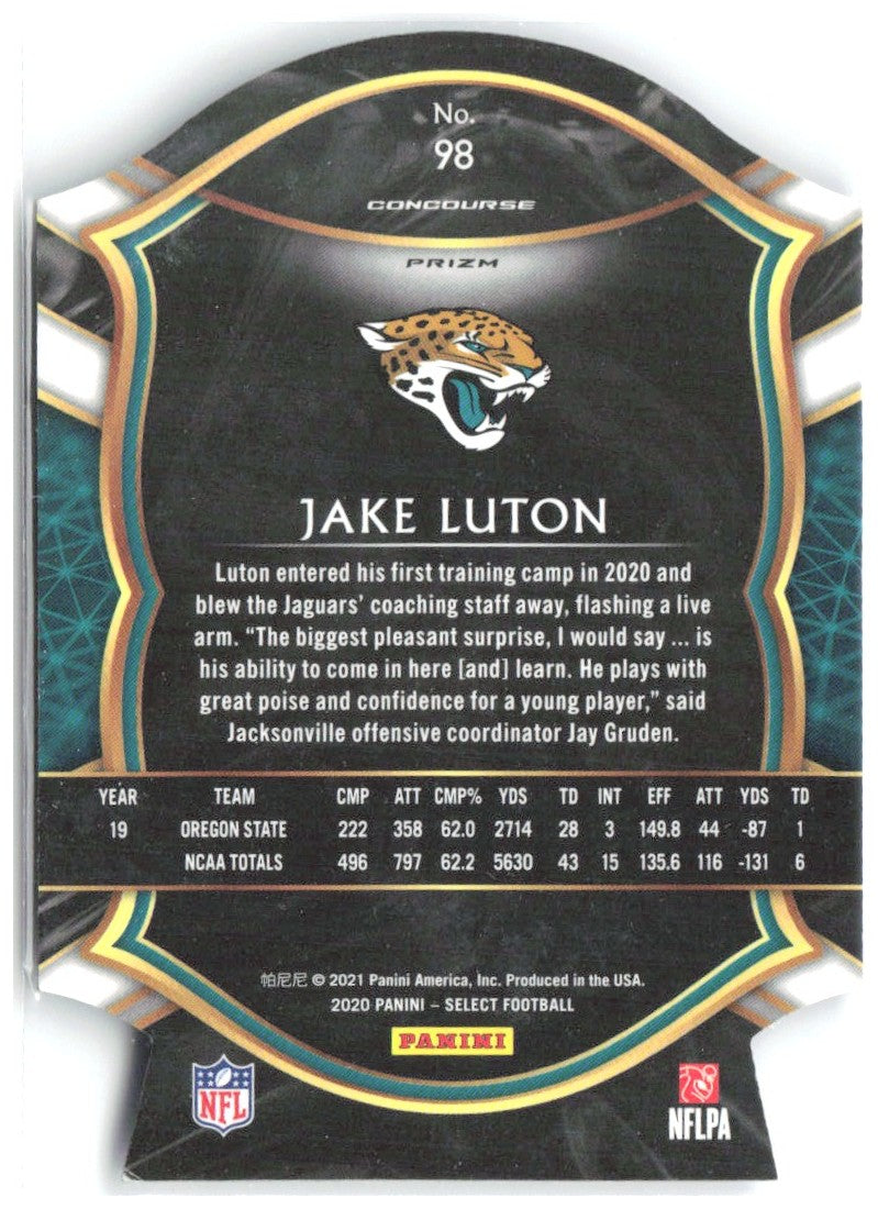 Jake Luton Panini Select - Blue Prizm Die Cut 98 2020 Jacksonville Jaguars