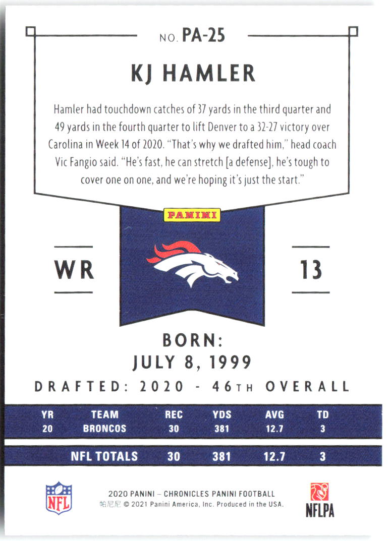 KJ Hamler Panini Chronicles - Panini PA-25 2020 Denver Broncos