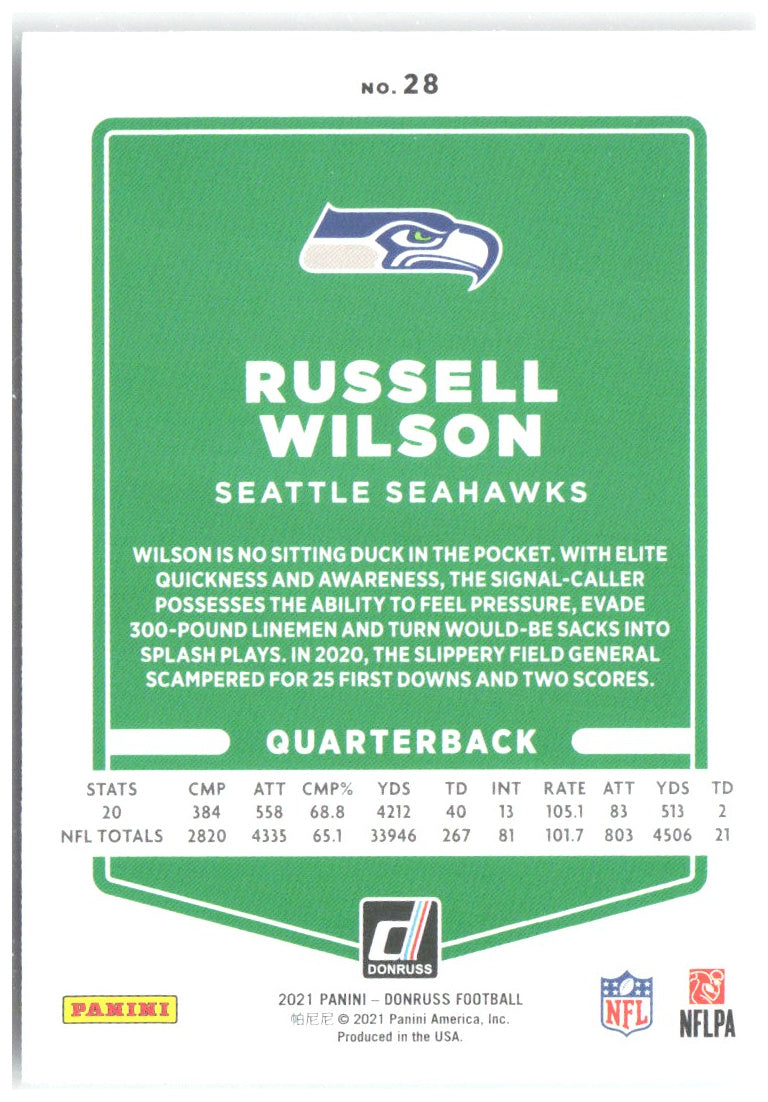 Russell Wilson Donruss 28 2021 Seattle Seahawks No Helmet Variant