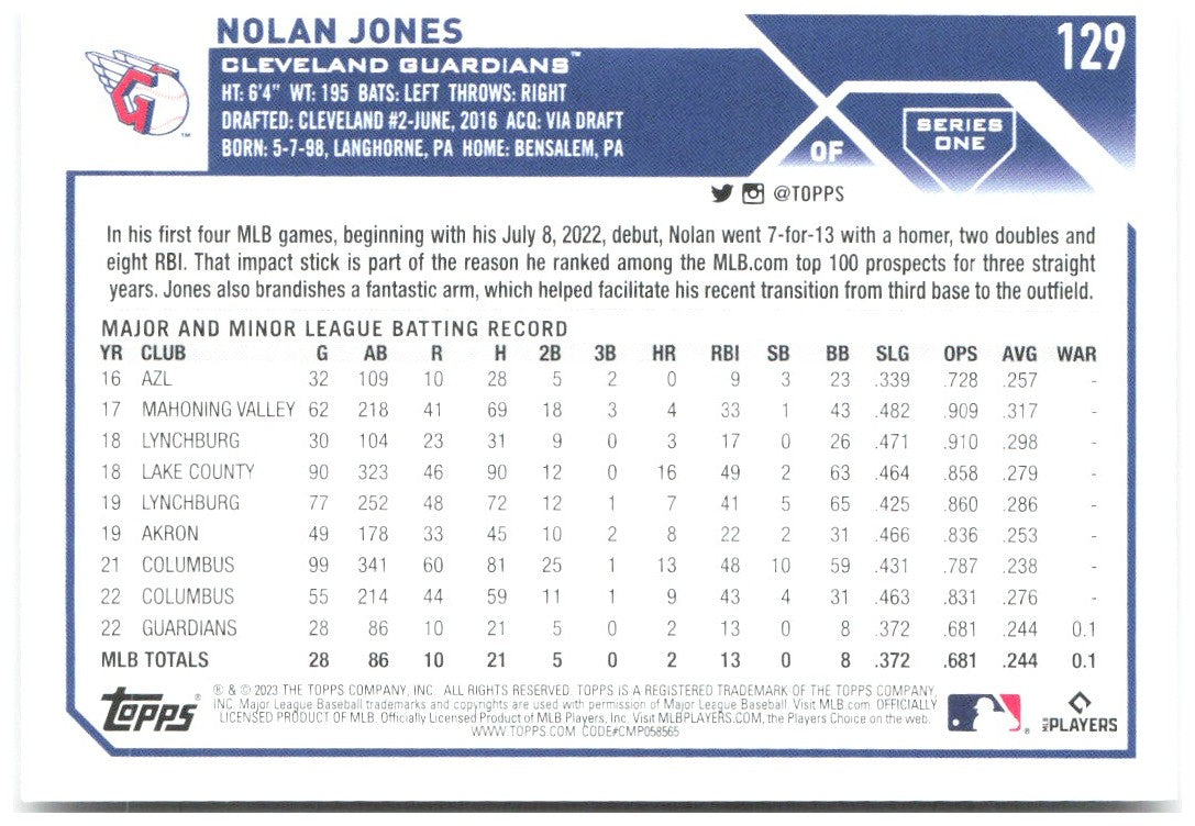 Nolan Jones Topps 129 2023 Cleveland Guardians RC