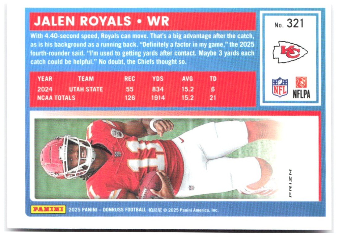 Jalen Royals Donruss - Optic Rated Rookies Pink 321 2025 Kansas City Chiefs