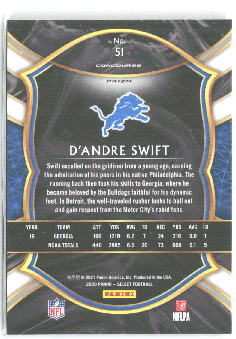 D'Andre Swift Panini Select - Silver Prizm 51 2020 Detroit Lions