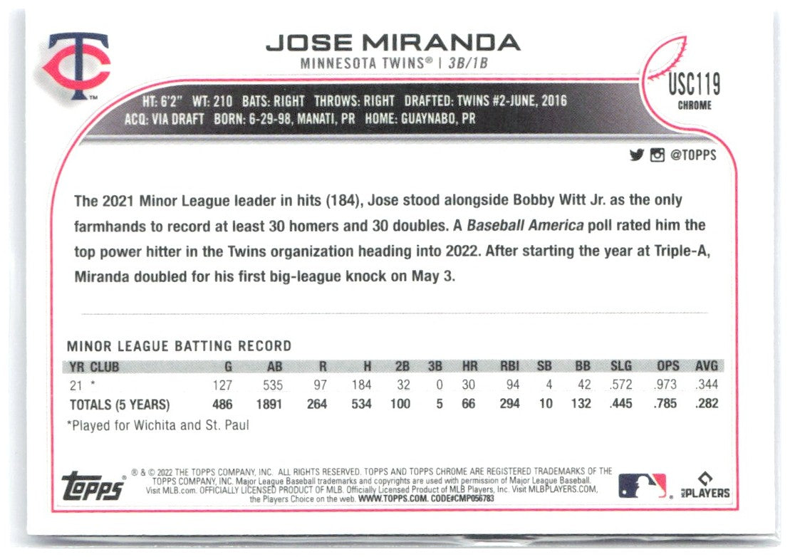 Jose Miranda Topps Chrome Update - Purple Refractor USC119 2022 Minnesota Twins