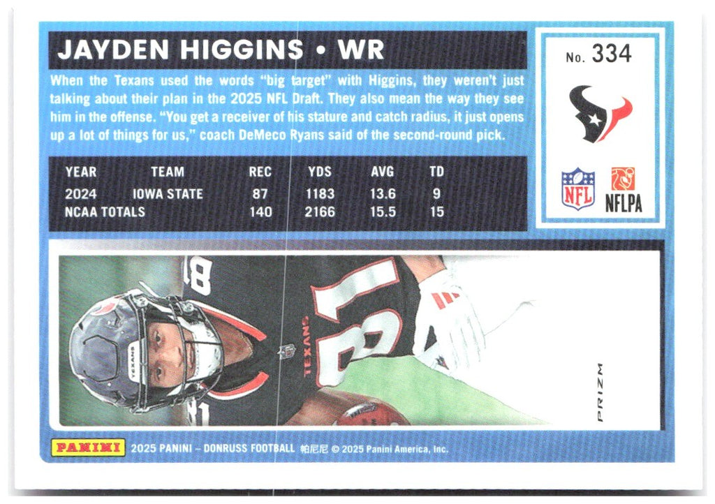 Jayden Higgins Donruss Optic Rated Rookies Preview Pink 334 2025 Houston Texans